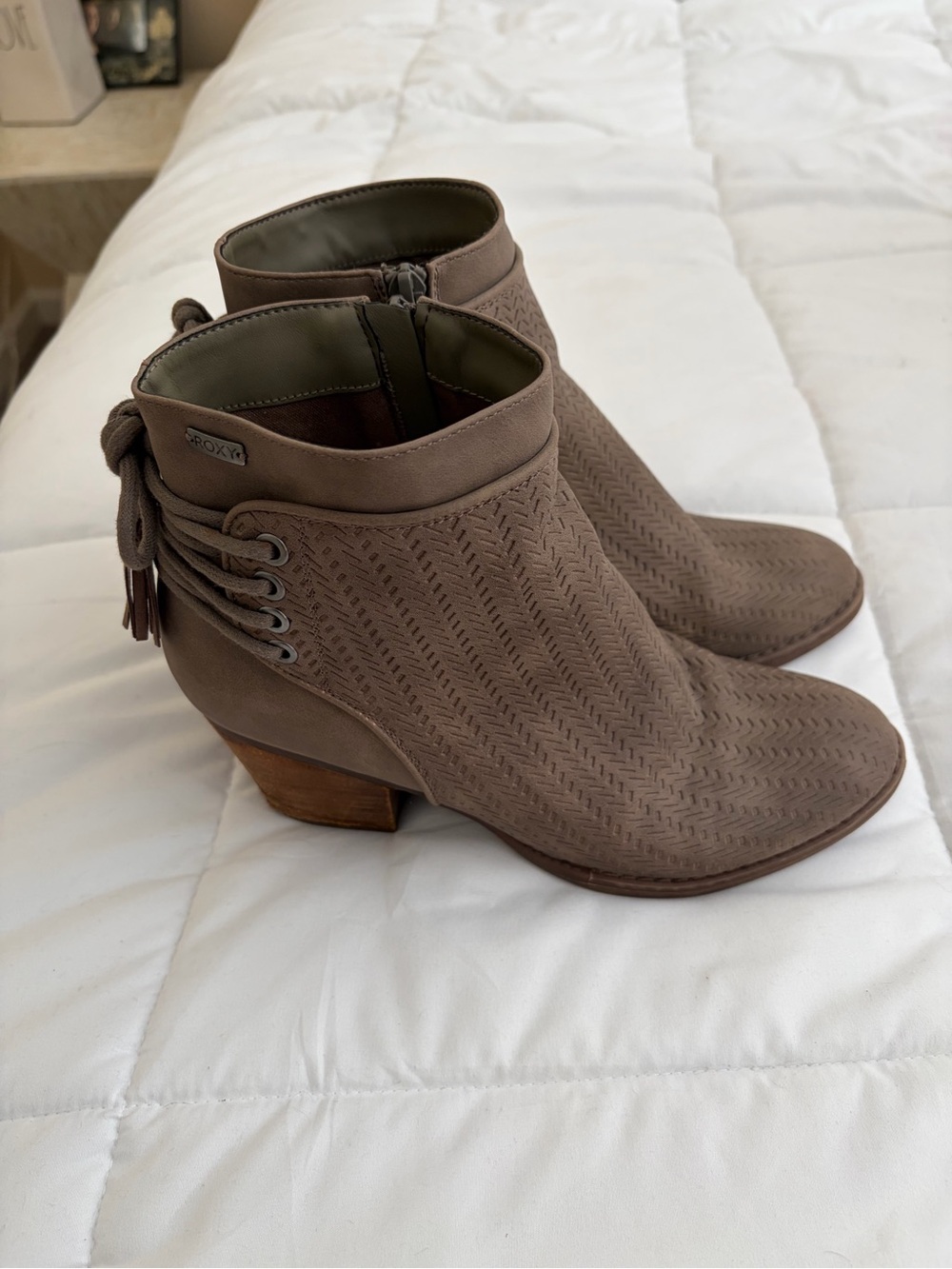 Roxy Taupe Ankle Booties with Tassel Lacing